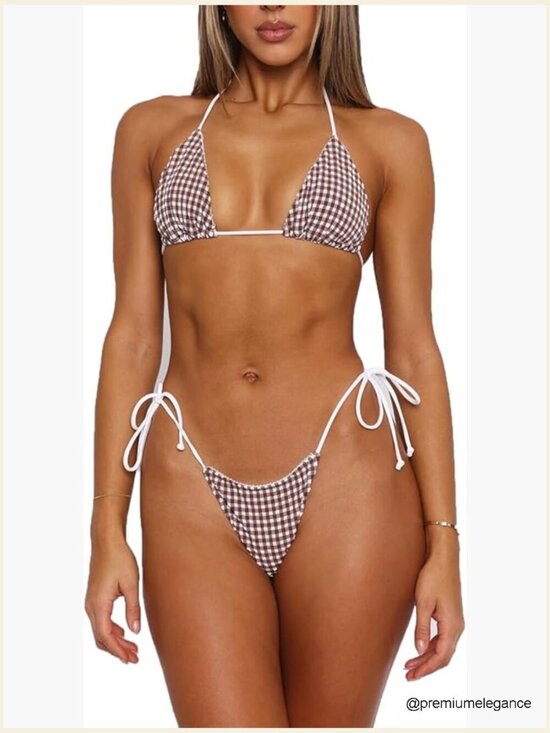 Other - Gingham Plaid Halter Triangle Tie Side Cheeky Thong Bikini Set 2 Piece Bathing